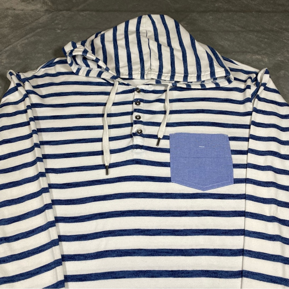 Charleston Threads Hooded Shirt Men’s XL White Blue Striped Lightweight Patch - Picture 3 of 11